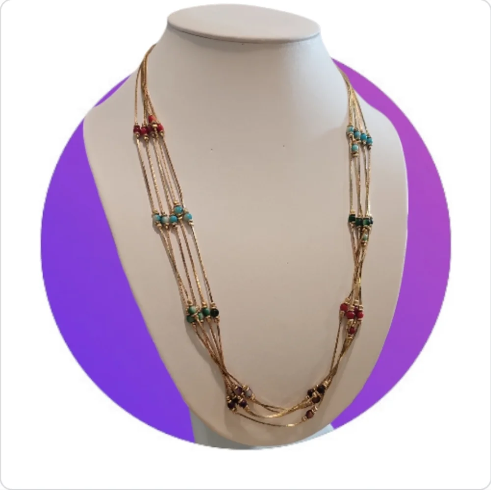 Vintage '80s Multicolor Serpentine Multi-Strand Beaded Necklace Gold-Tone. - Picture 3 of 5